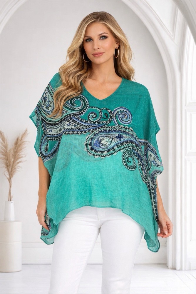 Chico’s Womens Sheer Paisley 100% Linen Poncho Top Size Small Medium Summer Chic
