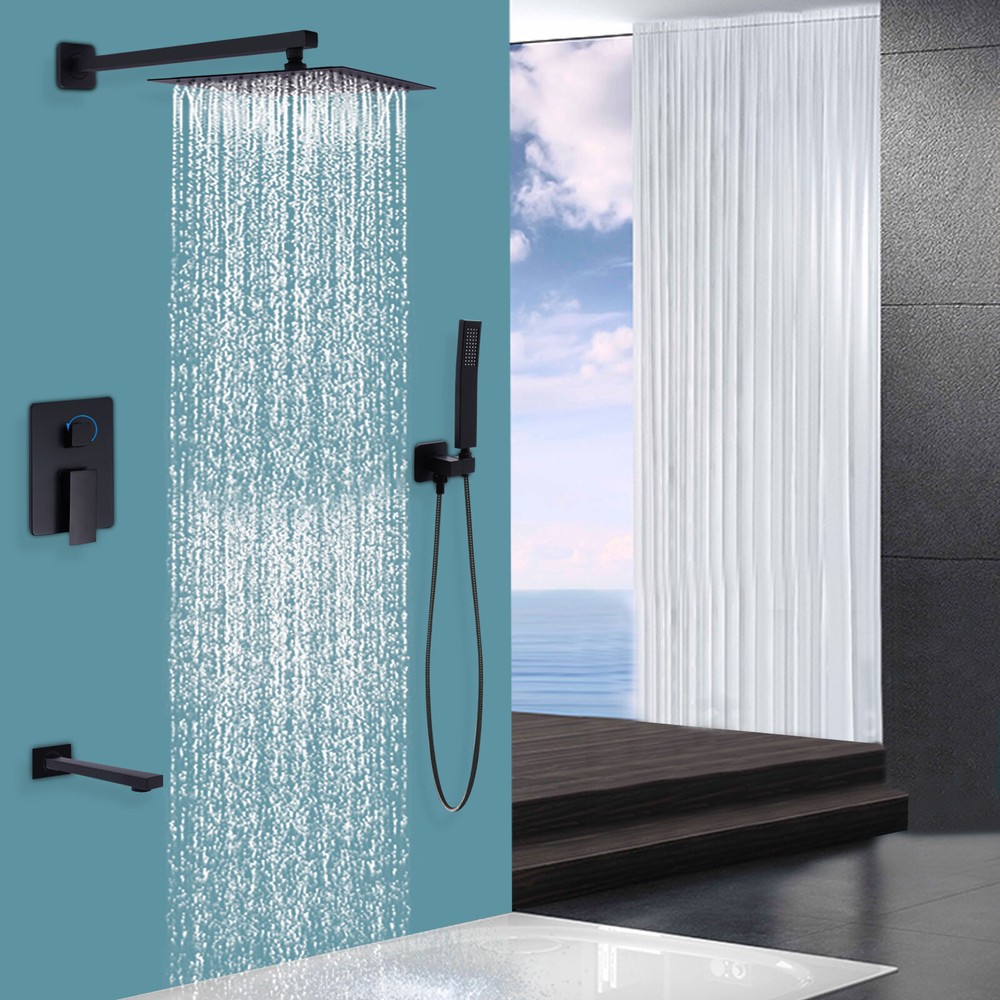 Bathroom Shower Faucet Set Matte Black Rainfall Shower Head Combo With Spray NEW