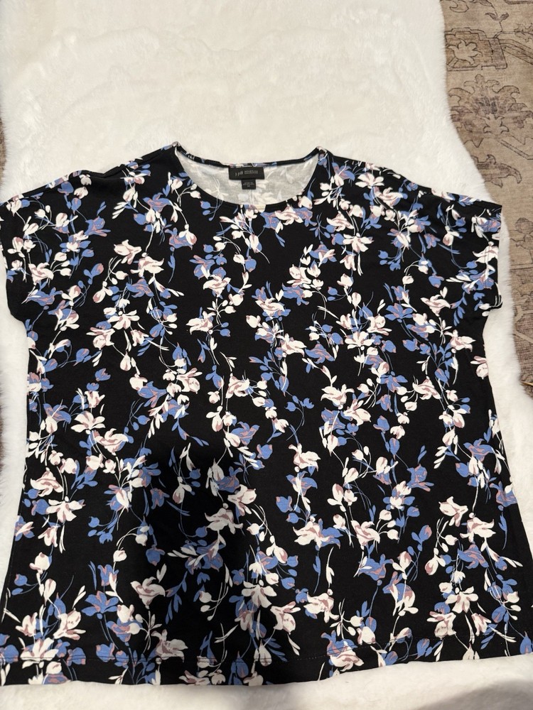 J. Jill Wearever Collection Floral Print Blouse Short Sleeve Black Blue White XS