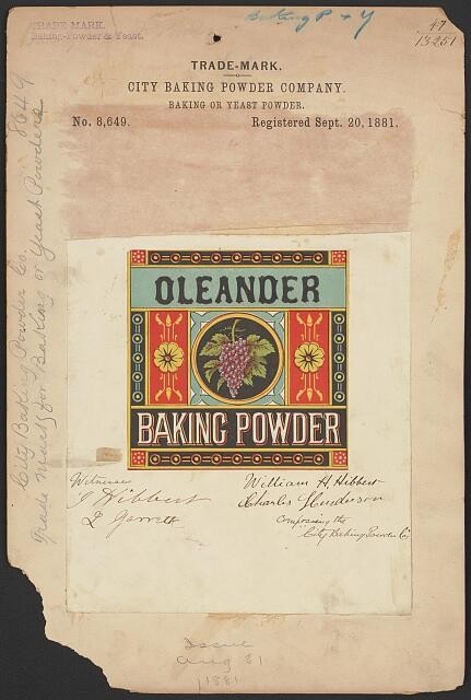 Photo:City Baking Powder Company for Oleander brand Baking or Yeast Powder