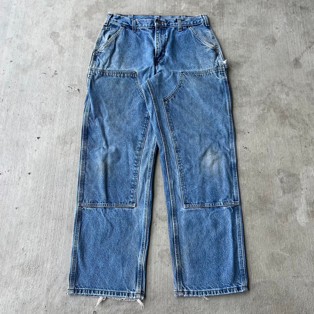 Carhartt blue denim jeans double knee work wear carpenter pants 34x32