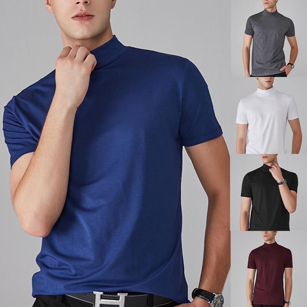 Men's Regular Fit Short Sleeve T Shirt Half High Collar Solid Color Casual