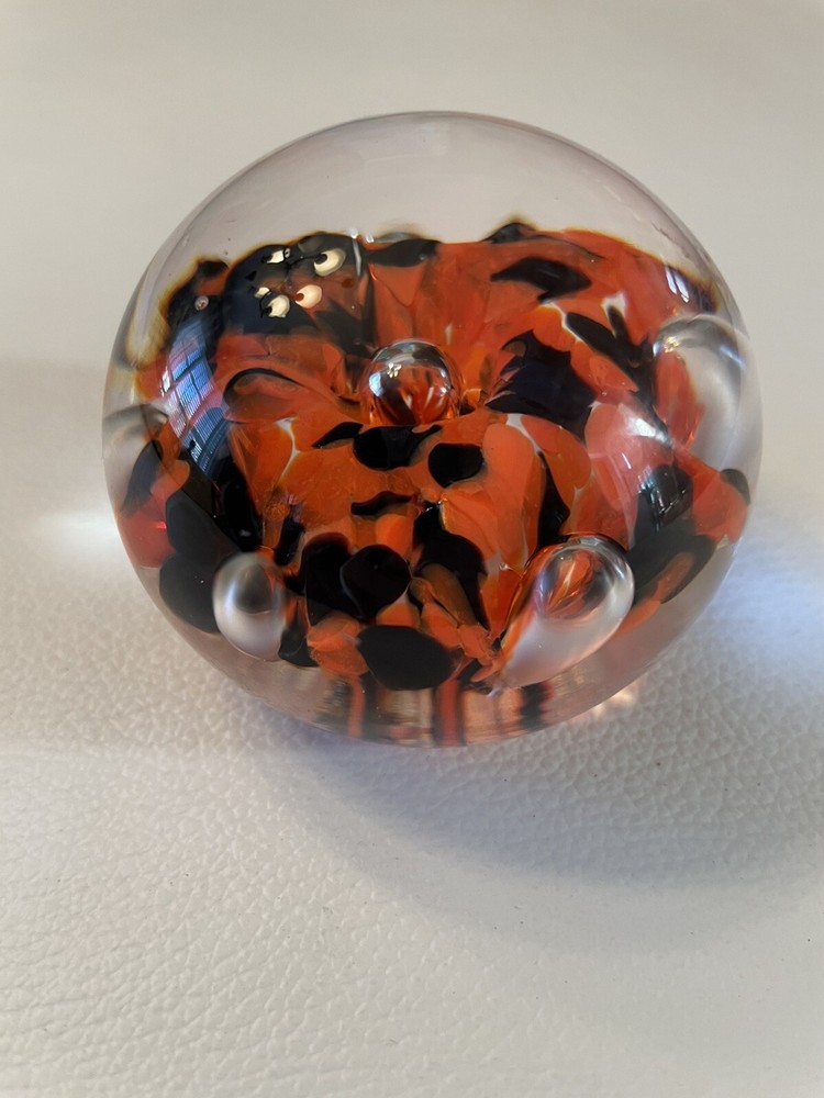 Zimmerman Signed Orange Black Floral Flowers Art Glass Desk Paperweight Z Marked