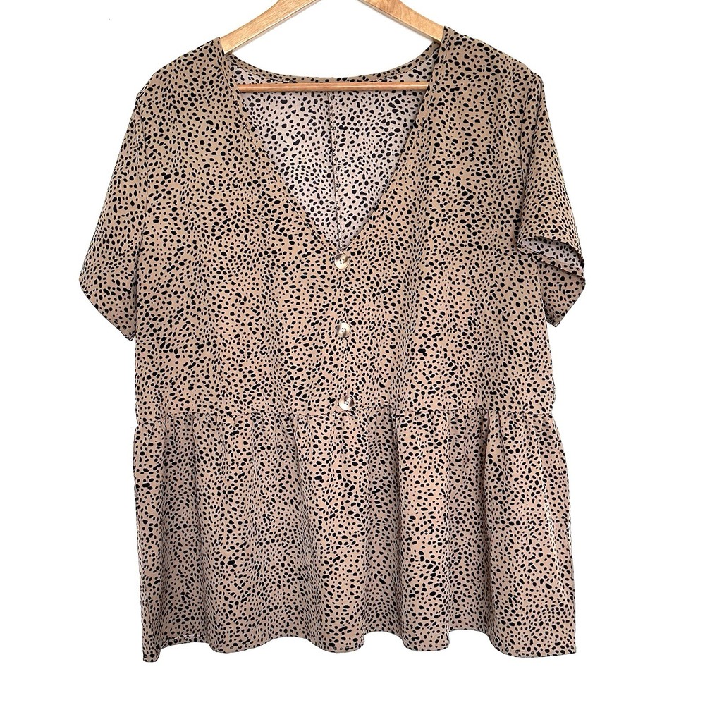 Shein Curve Plus Shirt Women’s 1XL Black Brown Leopard Short Sleeve V Neck Top