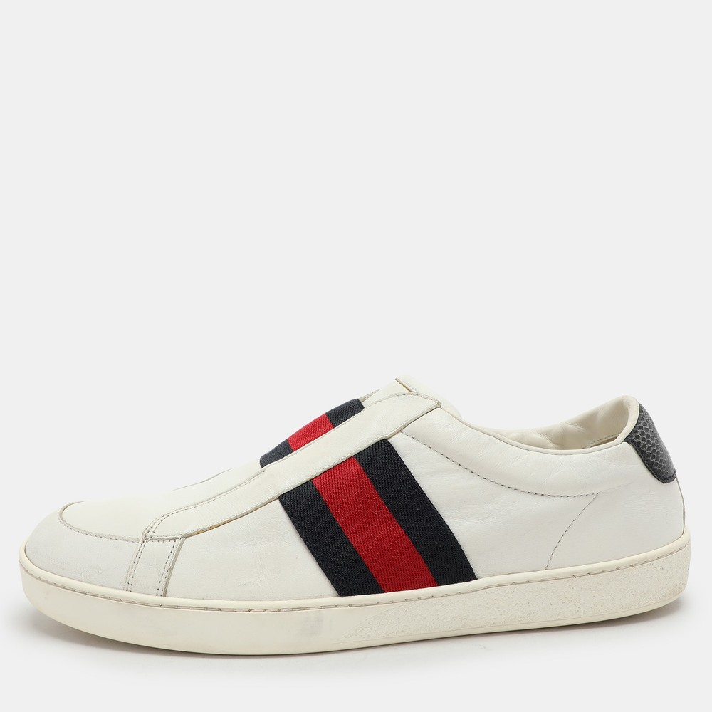 Gucci White Leather Web Slip-On Sneakers EU 43