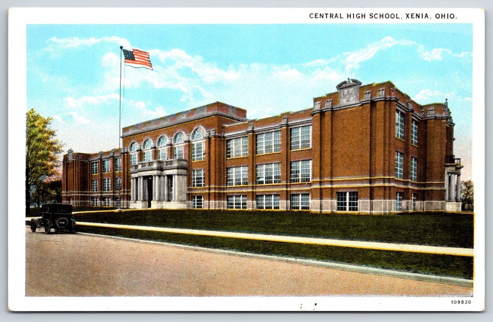 Xenia Ohio~Central High School Bldg Street View~American Art Vintage Postcard