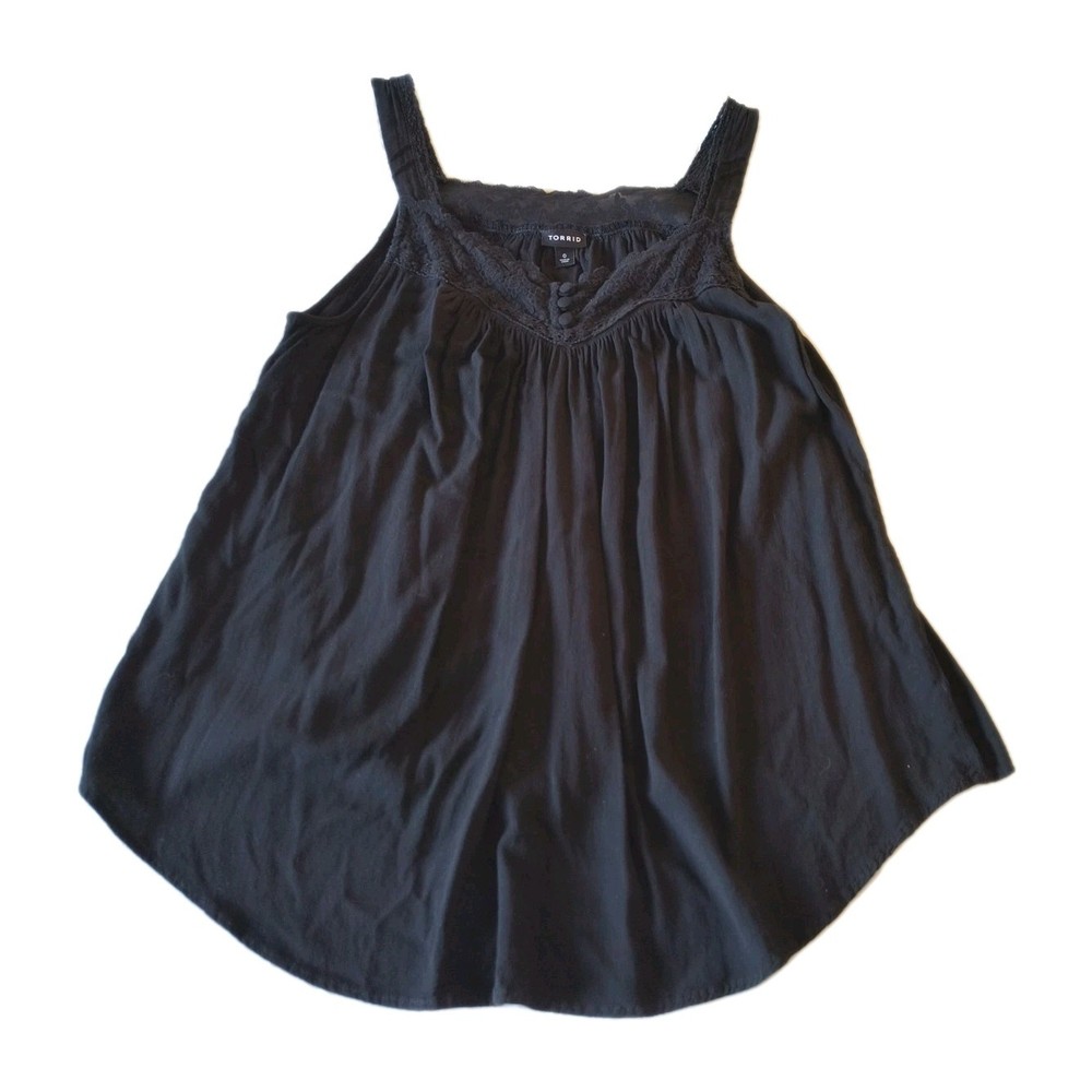 Torrid Women's Size 0 (12) Rayon Slub Cami Lace Inset Button Front Black