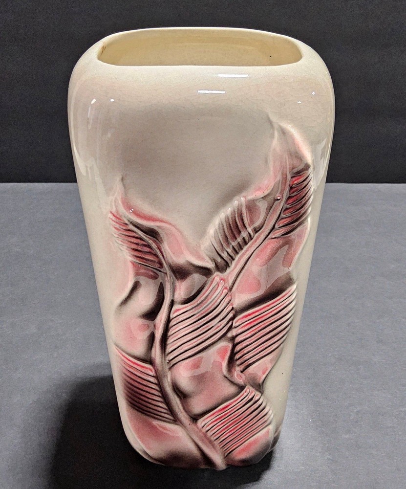 Vintage Royal Copley Raised Pink Acanthus Fern Leaf Vase MCM Pottery 8.25”