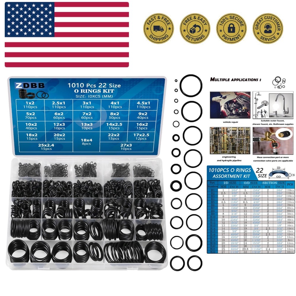 1010 Pcs Rubber O Rings Kit 22 Size Universal O-Ring Assortment Set for Autom...