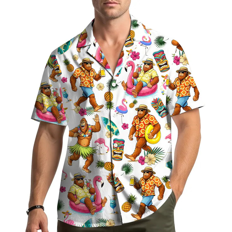 Bigfoot Flamingo Tiki Hawaii Shirt Men Aloha Beach Summer Vacation Gift