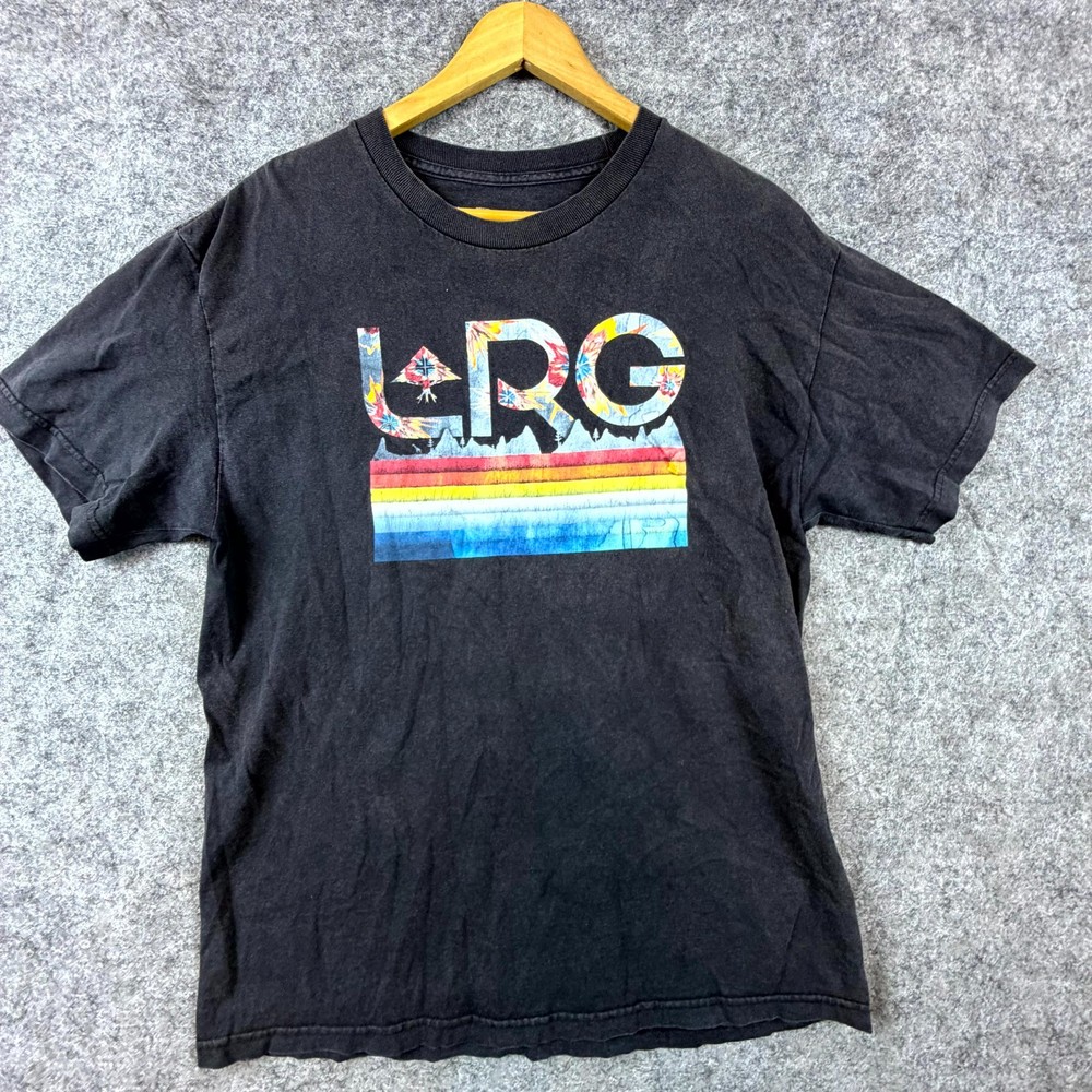 LRG Lifted Research Group T-Shirt Mens L Black Rainbow Watercolor Tie Dye Logo