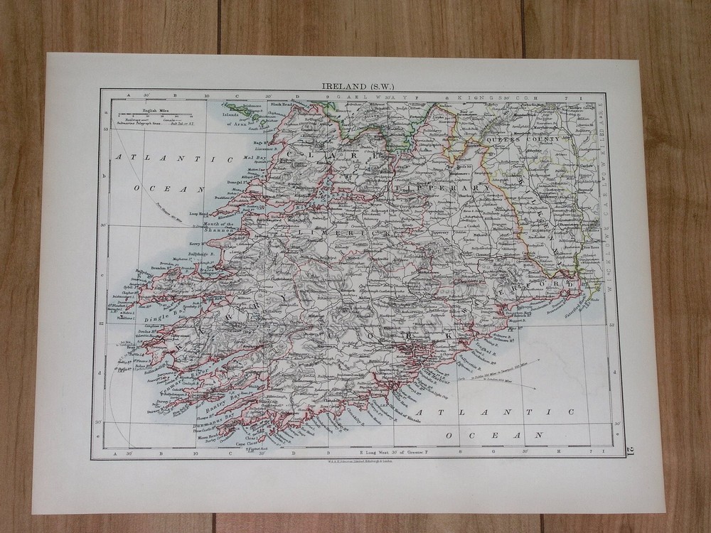 1904 Antique Map Of Ireland Kerry Cork Limerick Clare / Dublin Leinster Wexford