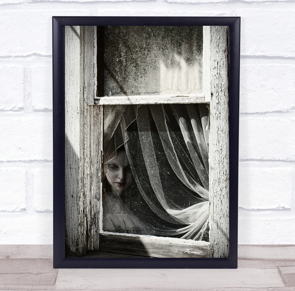 Windows Curtains Abandoned Decay Window Curtain Woman Face Wall Art Print