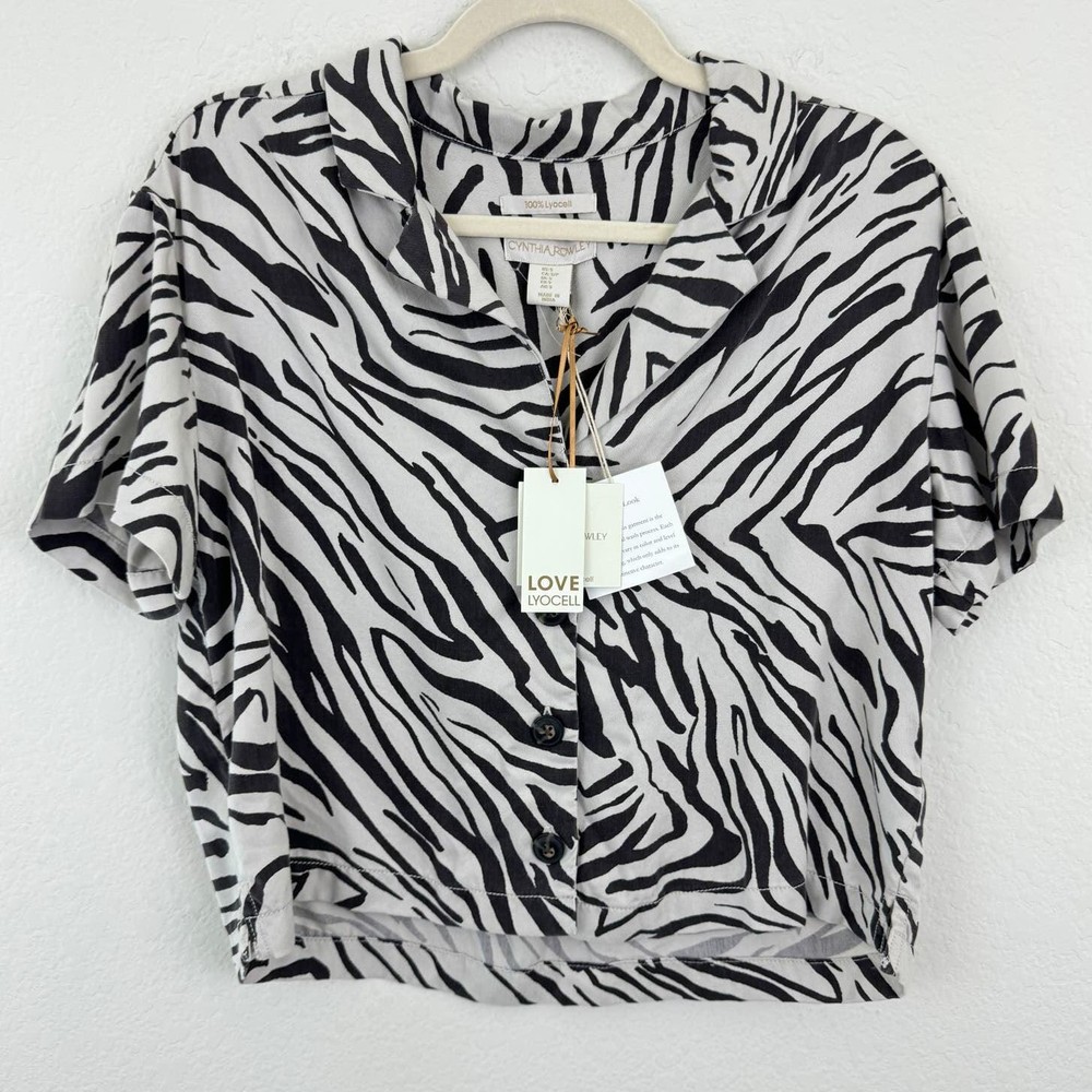 Cynthia Rowley Women 100% Lyocell Button Front Animal Print Shirt Top Brown Sz S