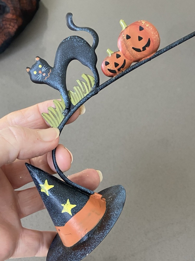 Vintage Metal Halloween Witch Hat and scared black cat Candle Snuffer 12