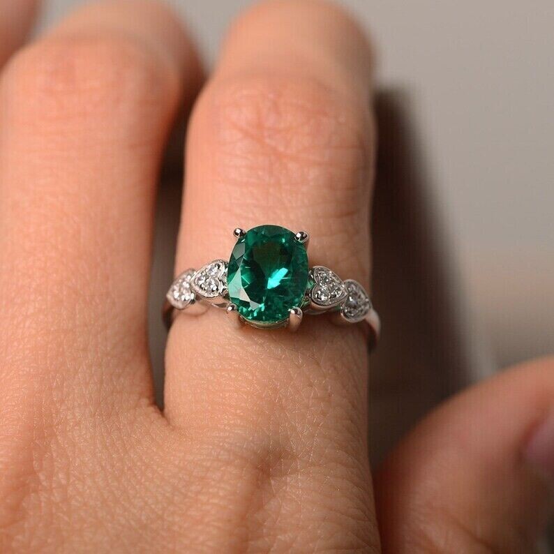 3Ct Oval Green Emerald Simulated Wedding Ring 14k White Gold Plated