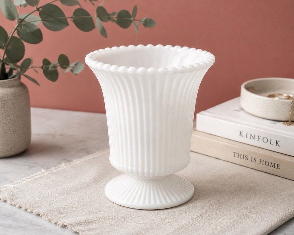 White Milk Glass Ribbed Textured Pedestal Vase, Opaque Decorative