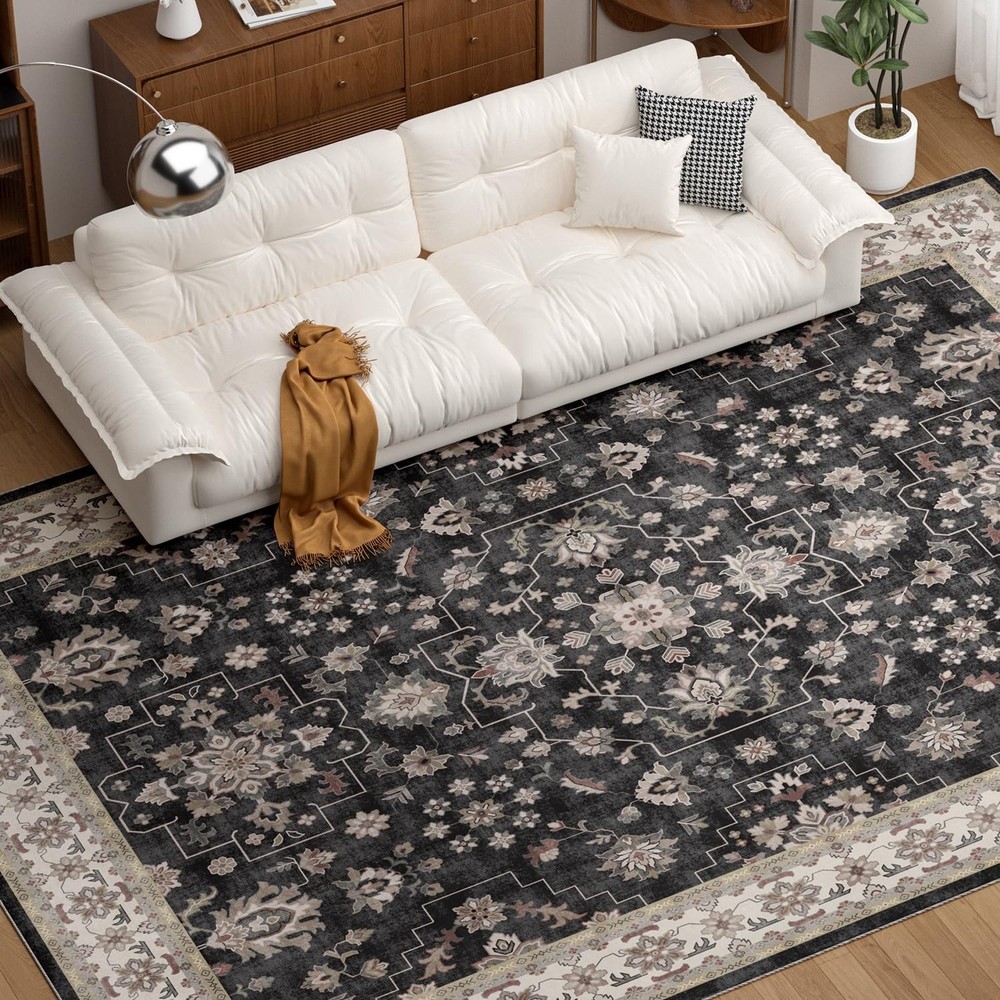 COHOME Black Boho 6x9 Washable Rug for Under Table, Non-Slip Low Pile Area Ru...