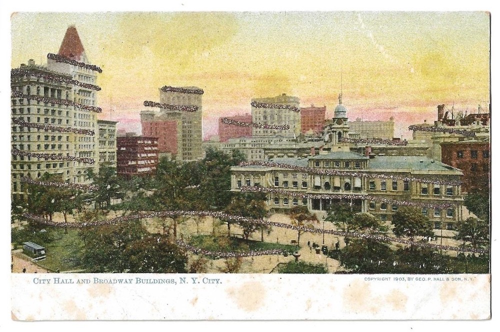 New York City, Lower Manhattan c1903 City Hall, Broadway Buildings, glitter