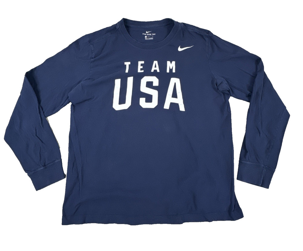 Nike Team USA Mens Large Navy Blue Long Sleeve Graphic T Shirt Crew Neck Olympic