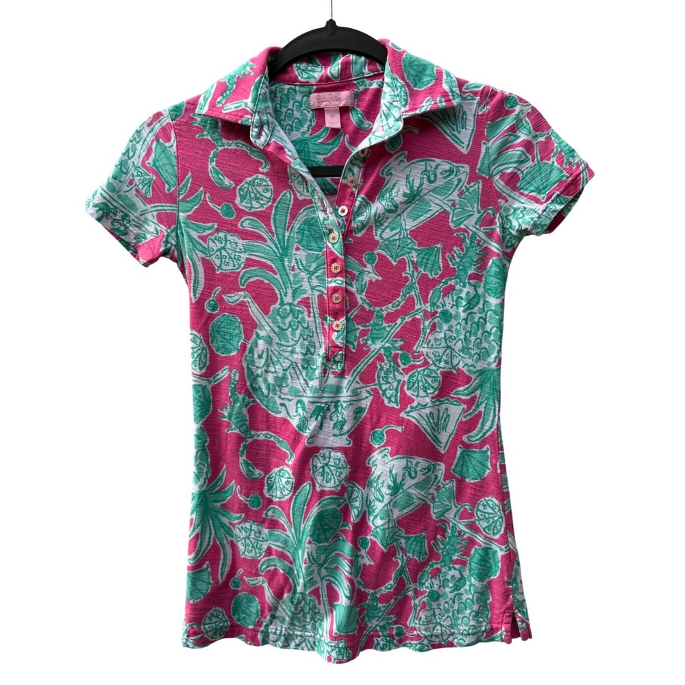 Lilly Pulitzer Trophy Polo Tropical Pineapple Slub Cotton Shirt Women XS
