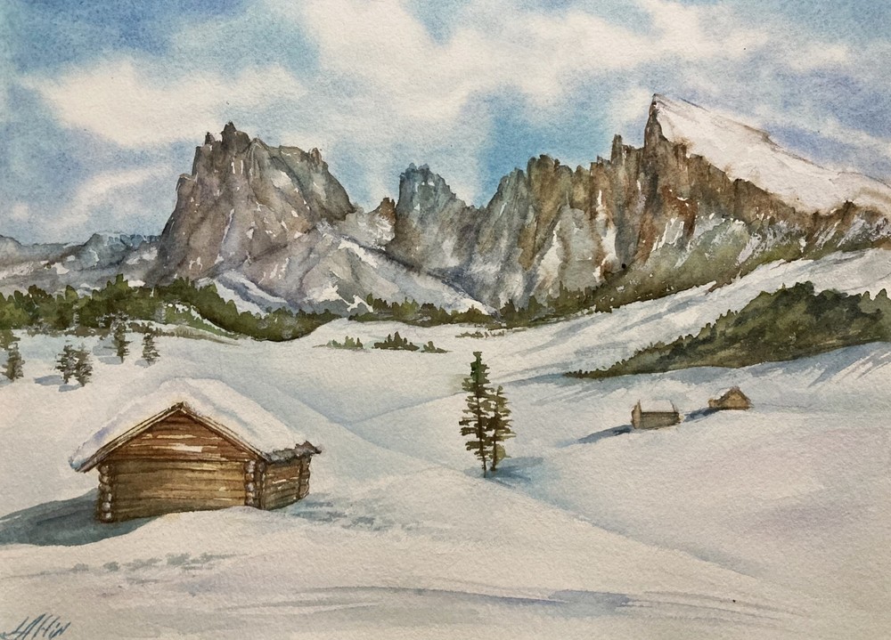 Alps Mountain Landscape Original Watercolor Artwork for Sale