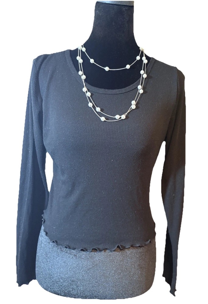 Bozzolo Women's Black Knit Pullover Top Long Sleeve Ruffle Hem Large Regular