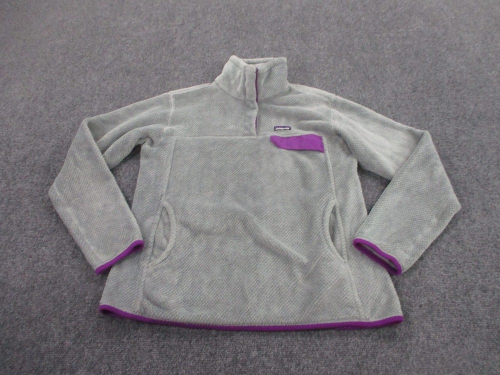 Patagonia Jacket Womens L Gray Snap T Fleece Fuzzy Sweater Outdoors Logo Adult
