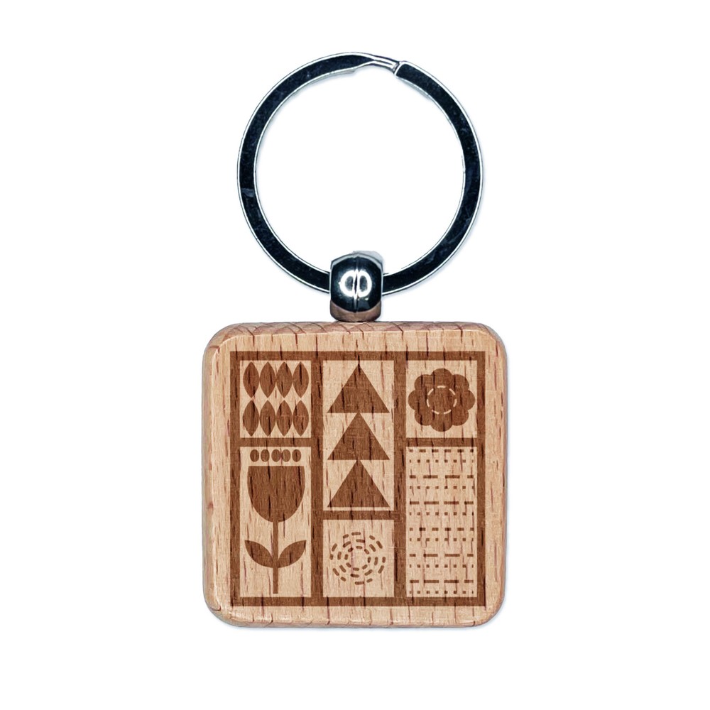 Mod Design Flowers Triangles Leaves Engraved Wood Square Keychain Tag Charm