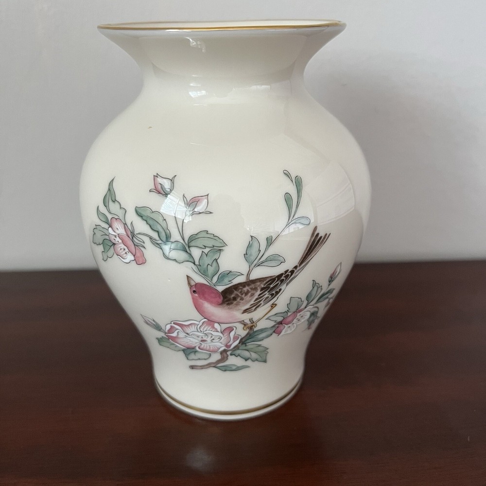 Lenox Porcelain Serenade Bird & Flowers Bud Vase Hand Decorated with 24Kt Gold