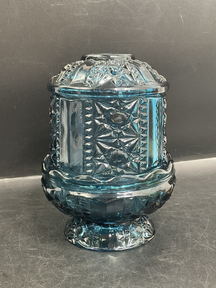 Vintage MCM Glass Colonial Blue STARS & BARS Pattern Fairy Lamp - READ