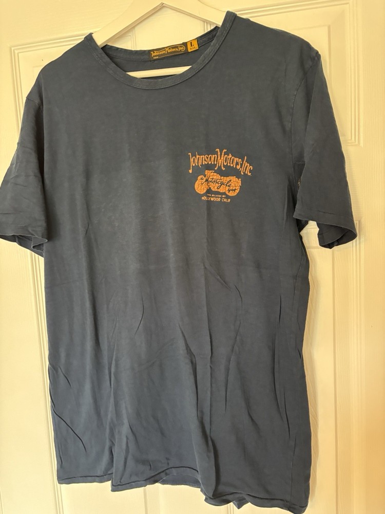 Johnson Motors, Inc. Men's L Blue Motorcycle Graphic Logo Cotton Crew Neck Tee