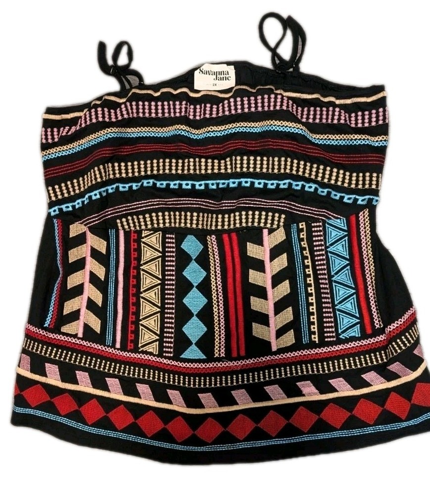 Savanna Jane 2X Embroidered Tank Top Spaghetti Strap Aztec Tribal Print Bouncy