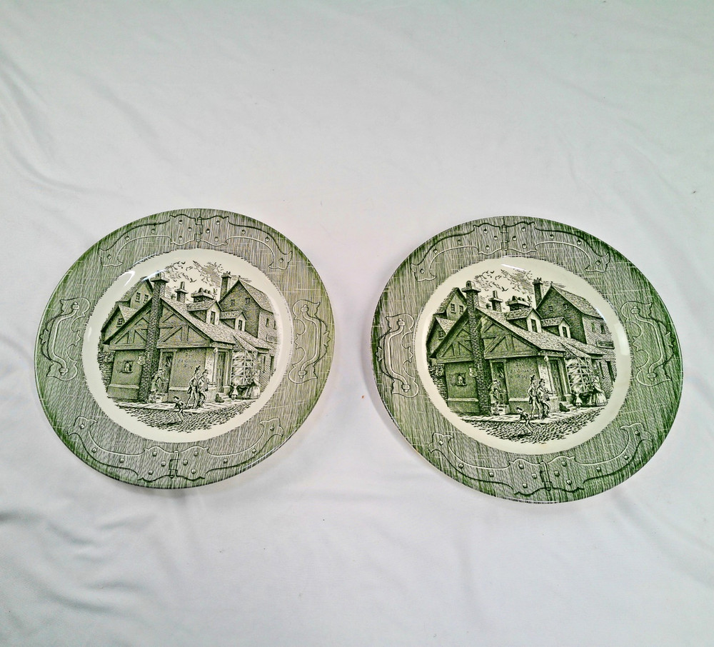 Vintage The Old Curiosity Shop Plates Green Transferware USA Set of 2
