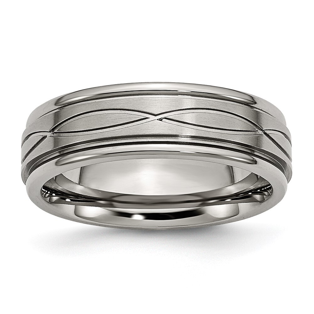 Titanium Brushed Center 7mm Criss-cross Design Ridged Edge Band Ring Size 12