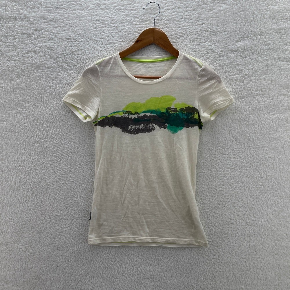Icebreaker Shirt Womens XS White Green Merino Wool Tech Lite Crew Graphic Hiking