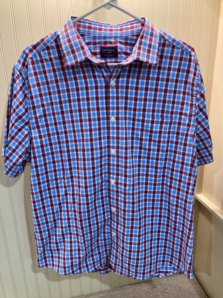UNTUCKit Men's Hopler Reg Fit Large Burgundy/Blue Plaid Short Sleeve Shirt