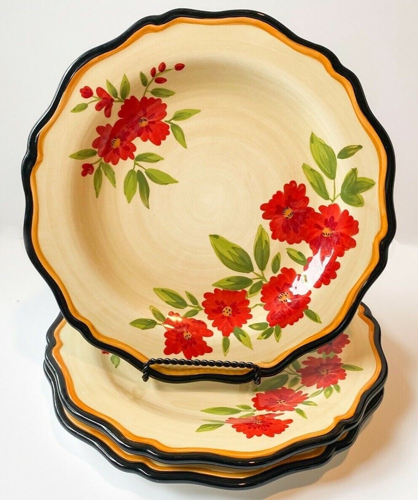 Pfaltzgraff Margarita 3-Piece Dinner Plate Set with Red Floral Scalloped Edge