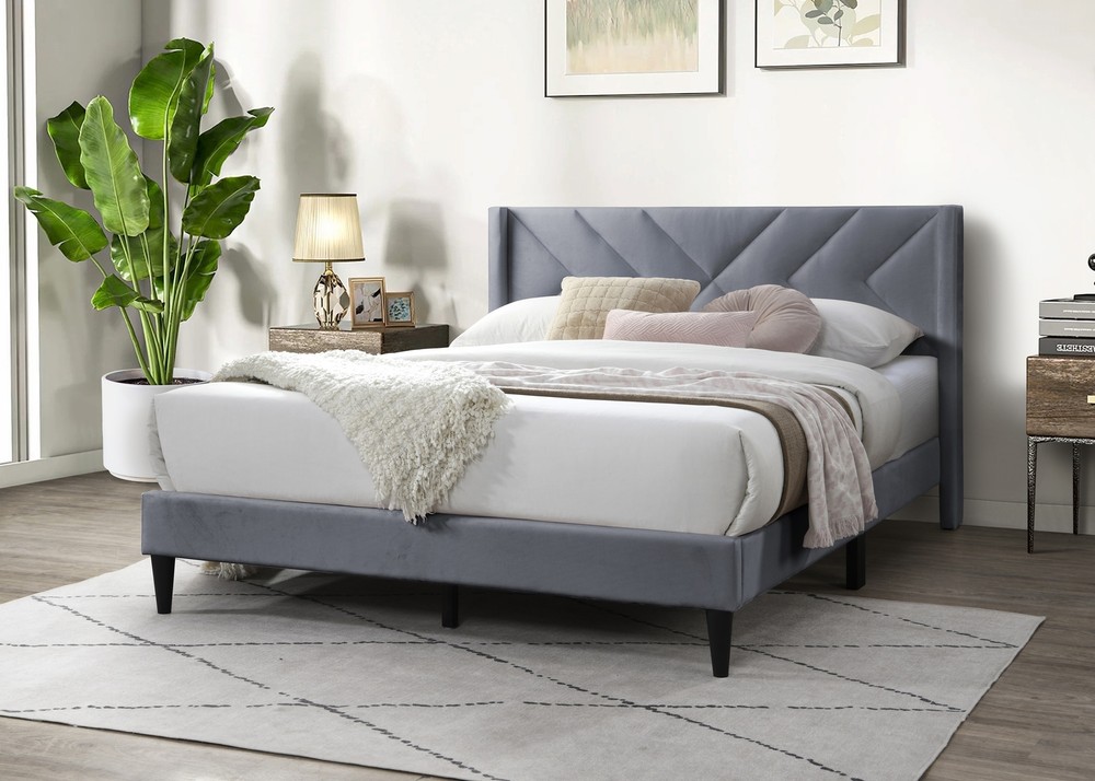 Elegant Modern Gray Velvet Upholstered Queen Size Bed Clean Lines Design Headboa