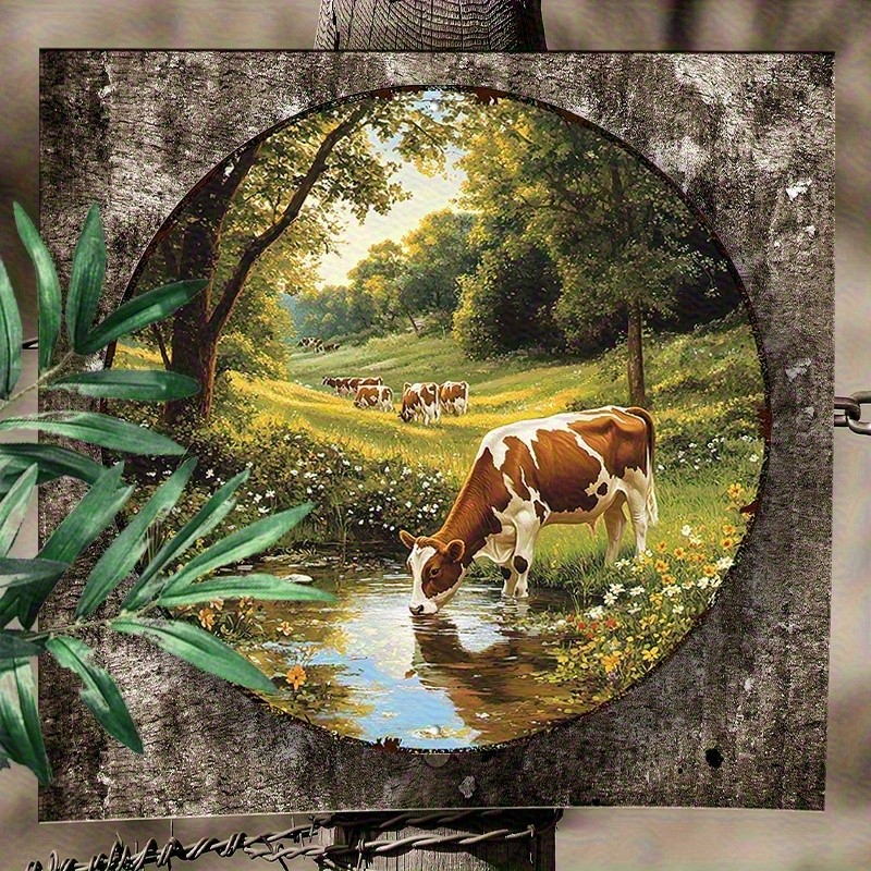 Vintage Farmhouse Cow Stream Flowers 88Inch Round Aluminum Painting