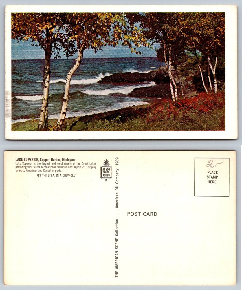 Vintage 1969 Lake Superior Copper Harbor Michigan Birch Trees Waves Postcard