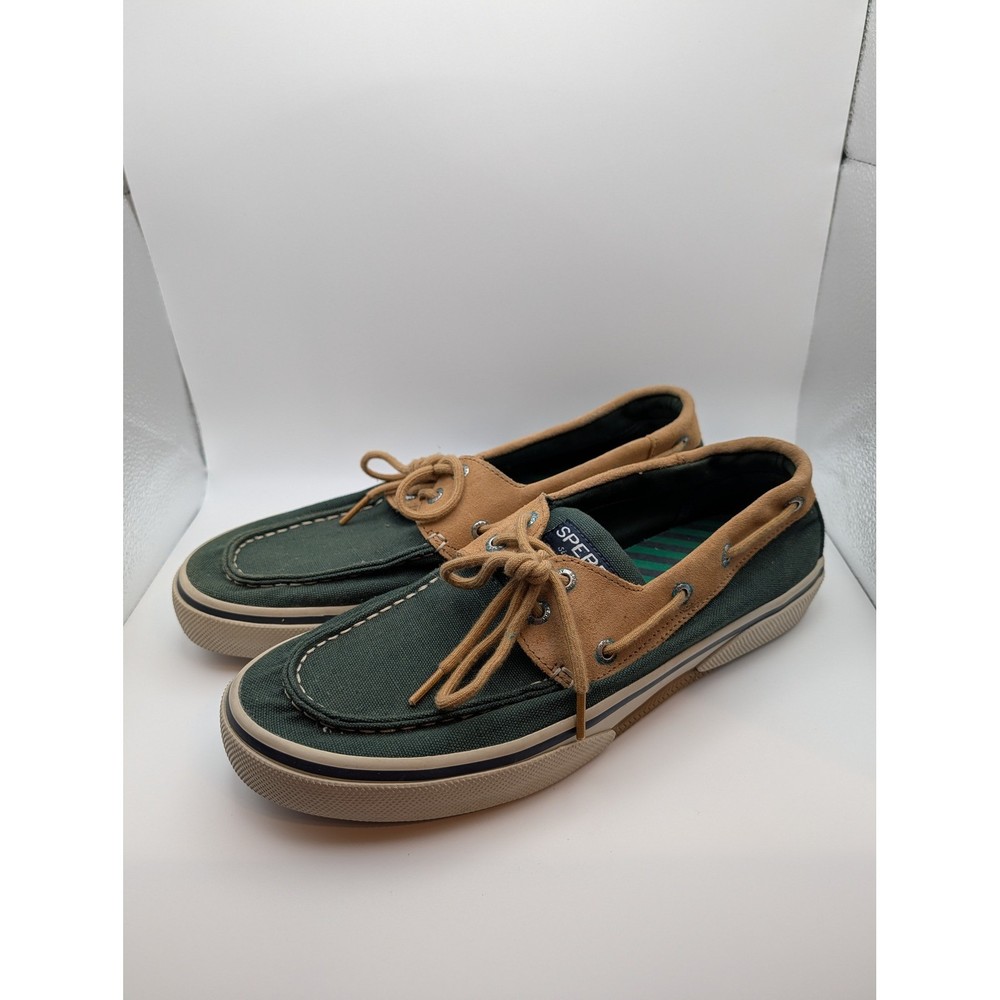 Sperry Top Sider Mens 10.5 Green Tan Canvas Suede Boat Shoes Memory Foam Loafers