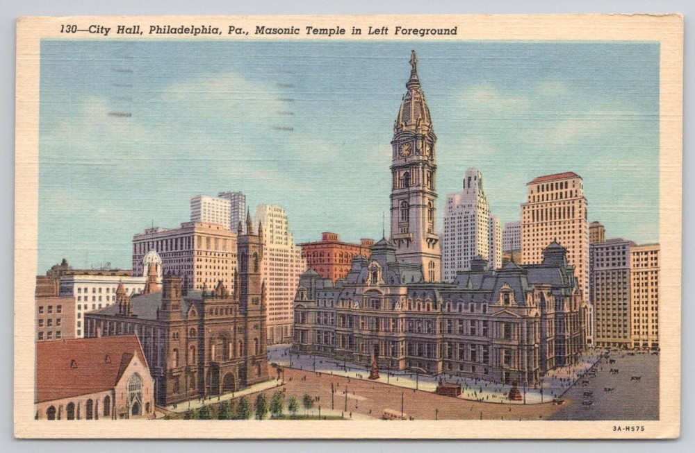1958 Philadelphia City Hall Masonic Temple Linen Postcard PA