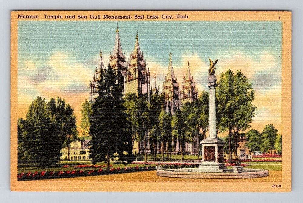 Salt Lake City UT-Utah, Mormon Temple, Sea Gull Monument, Vintage Postcard
