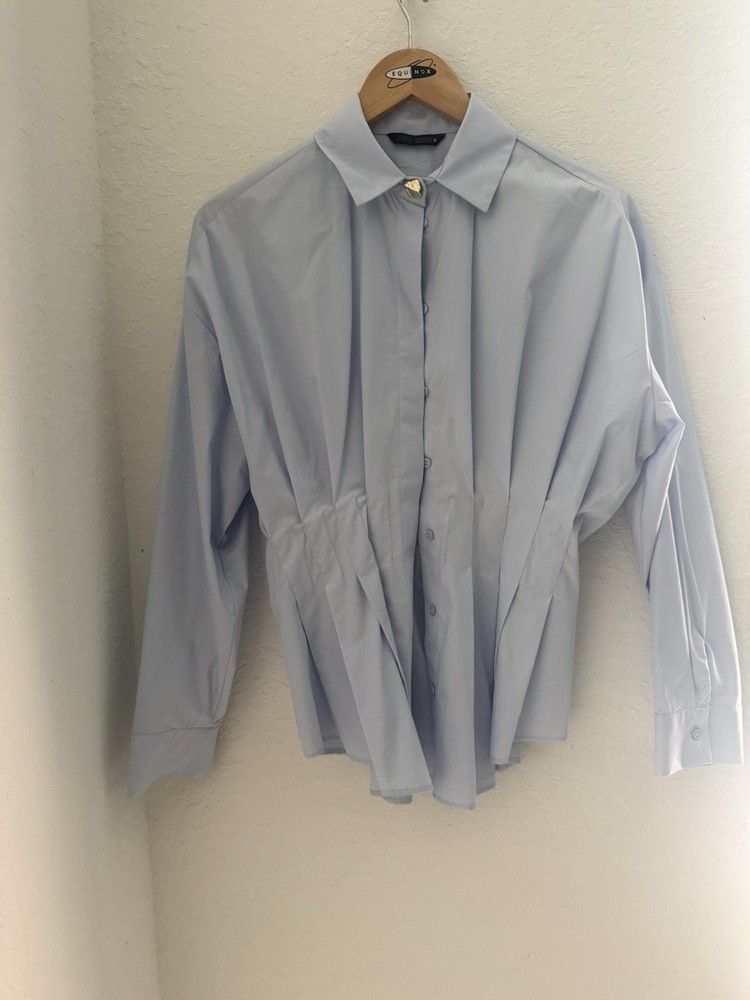 Zara Light Blue Pleated Button Collared Cotton Poplin Blouse Long Sleeve XS
