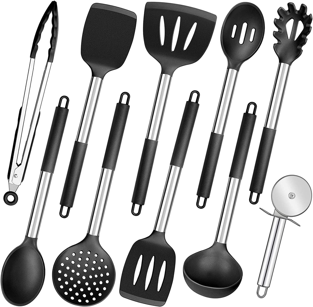 Black Kitchen Utensils Set of 10,  Heat-Resistant Silicone Cooking Utensil with