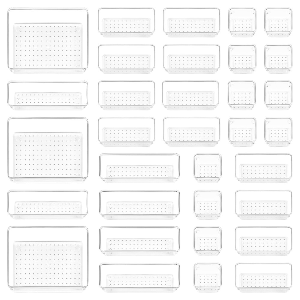 37 PCS Clear Plastic Drawer Organizers Set, 4-Size Versatile Bathroom and Van...