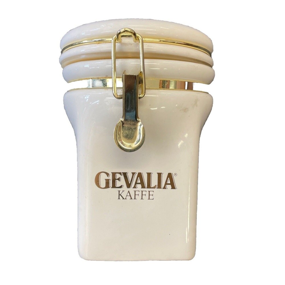 Gevalia Kaffe Canister Storage Jar White Ceramic Gold Toned Coffee Holder