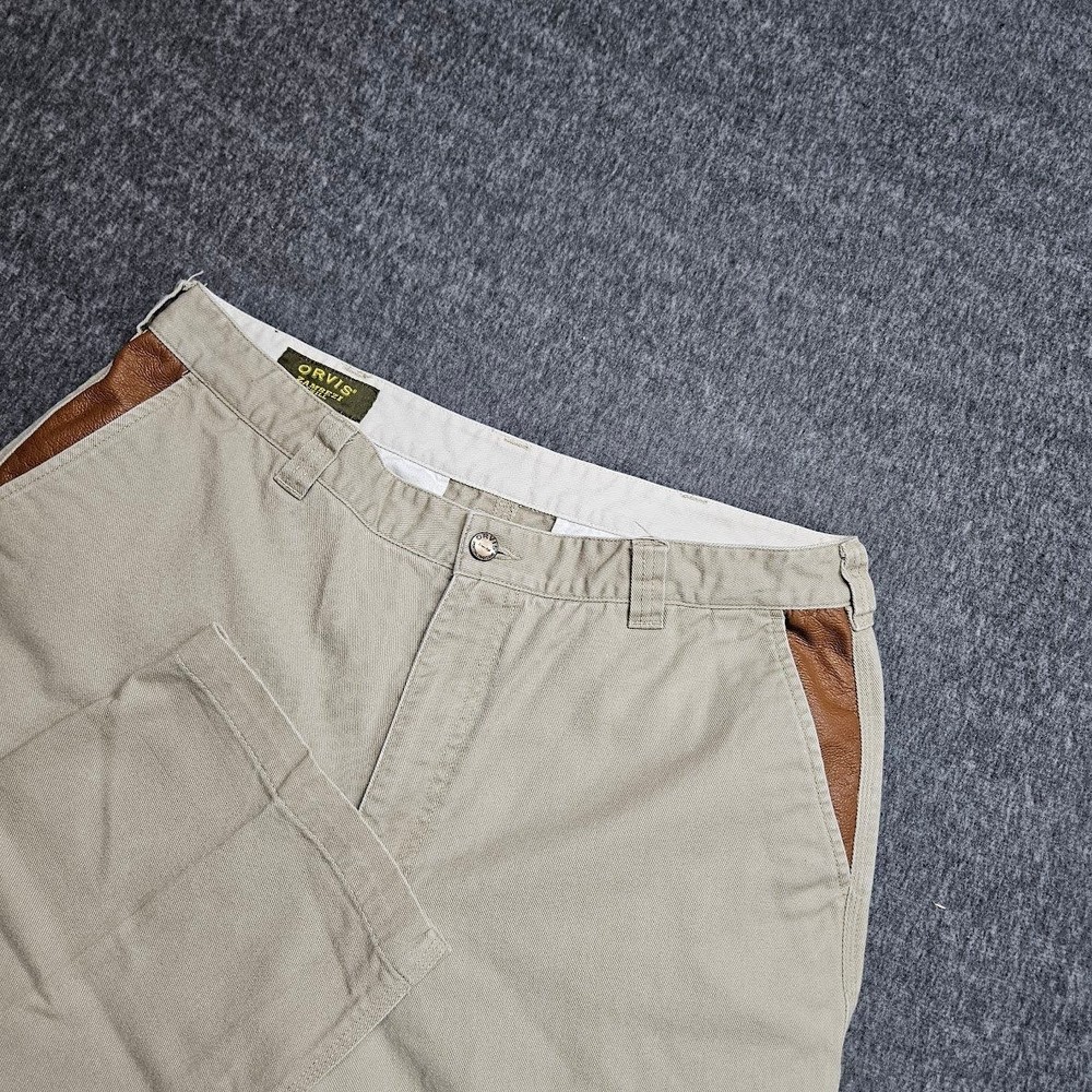 Orvis Zambezi Twill Pants Men 36 Khaki Leather Trim Chinos Rugged Cotton