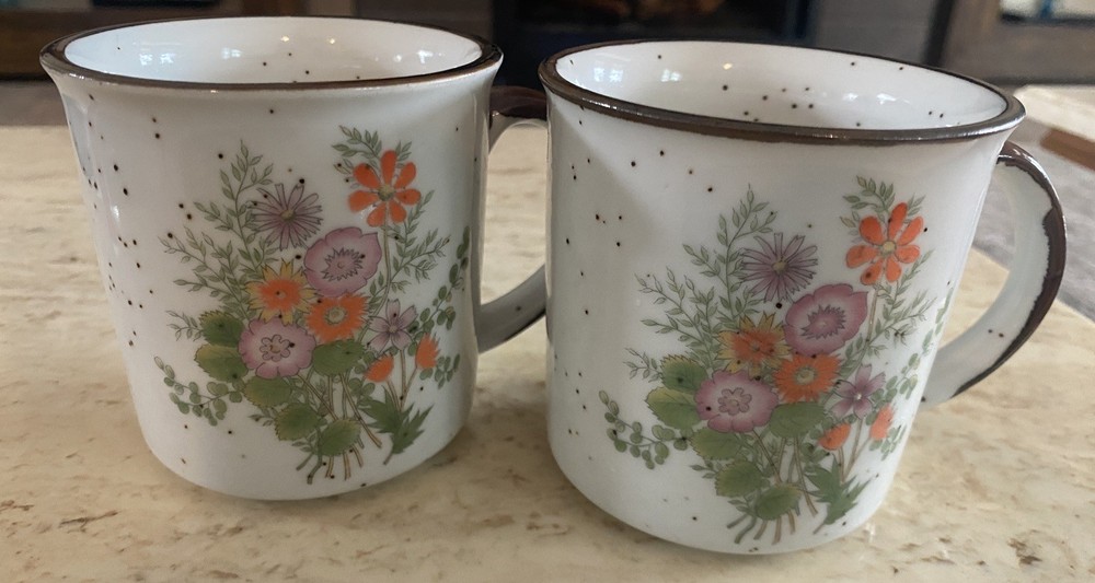 Vintage 1960s-1970s Brown Speckled Wildflower Mugs  Japan Set of 2
